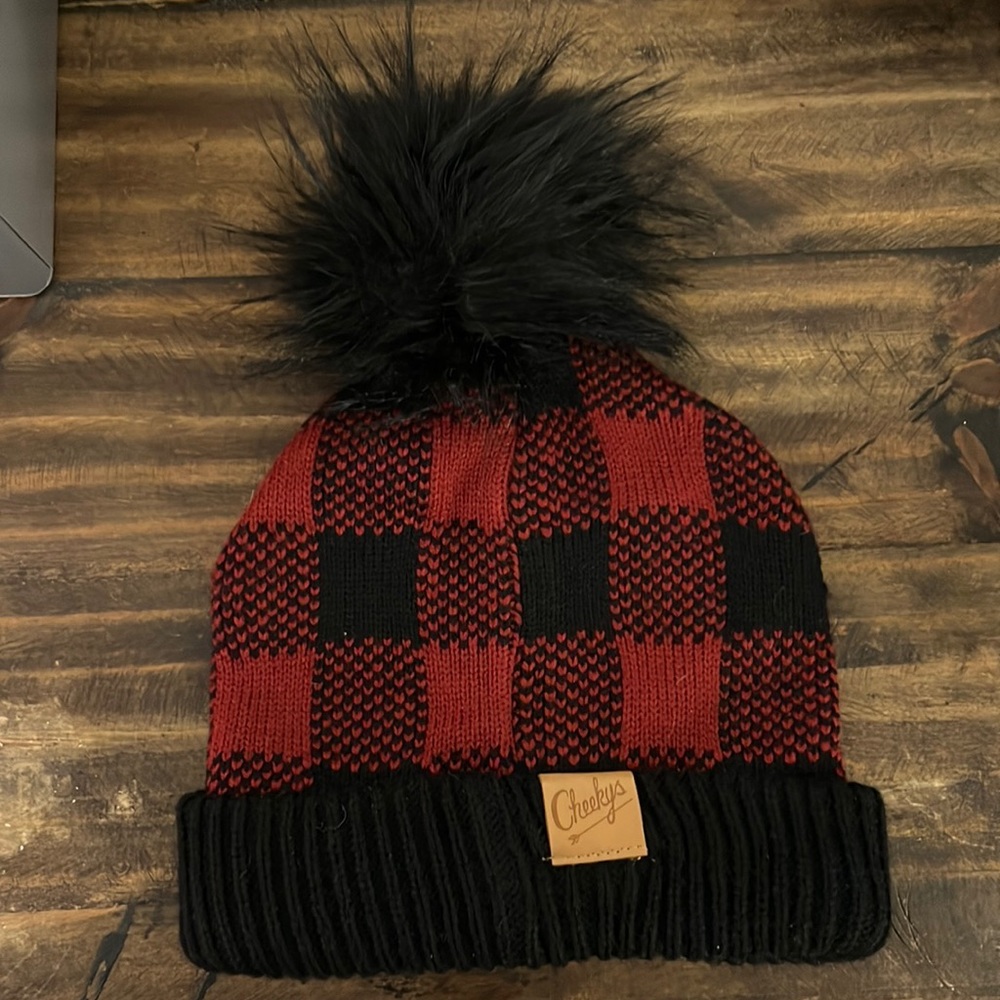 COPY - Black and red checkered beanie with Pom